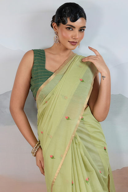 Zephyr Pista Spun Cotton Silk Saree With Invaluable Blouse Piece