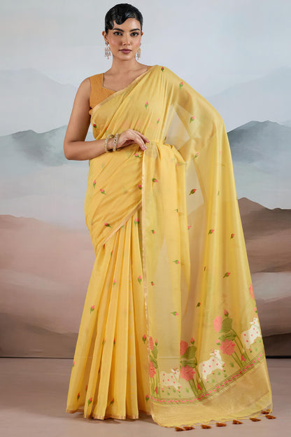 Posh Yellow Spun Cotton Silk Saree With Denouement Blouse Piece