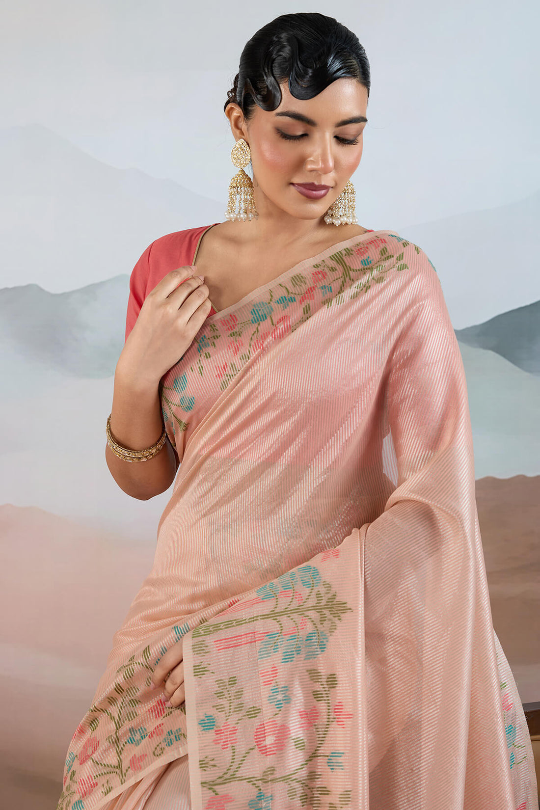 Pleasant Peach Soft Banarasi Tissue Silk Saree With Evocative Blouse Piece