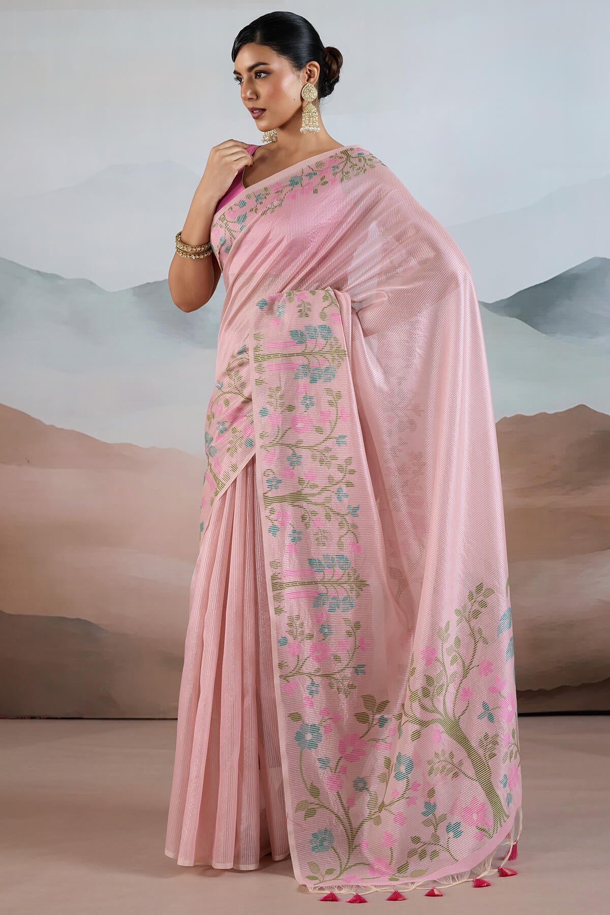 Groovy Baby Pink Soft Banarasi Tissue Silk Saree With Lustrous Blouse Piece