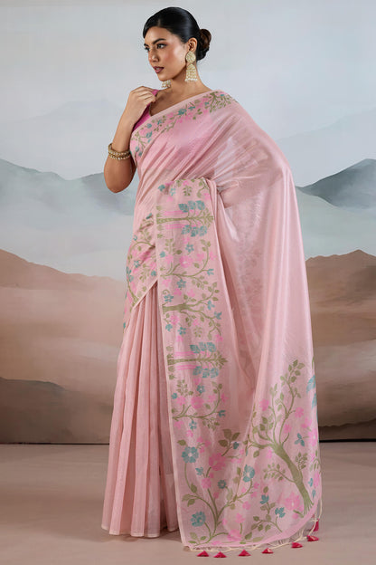 Groovy Baby Pink Soft Banarasi Tissue Silk Saree With Lustrous Blouse Piece