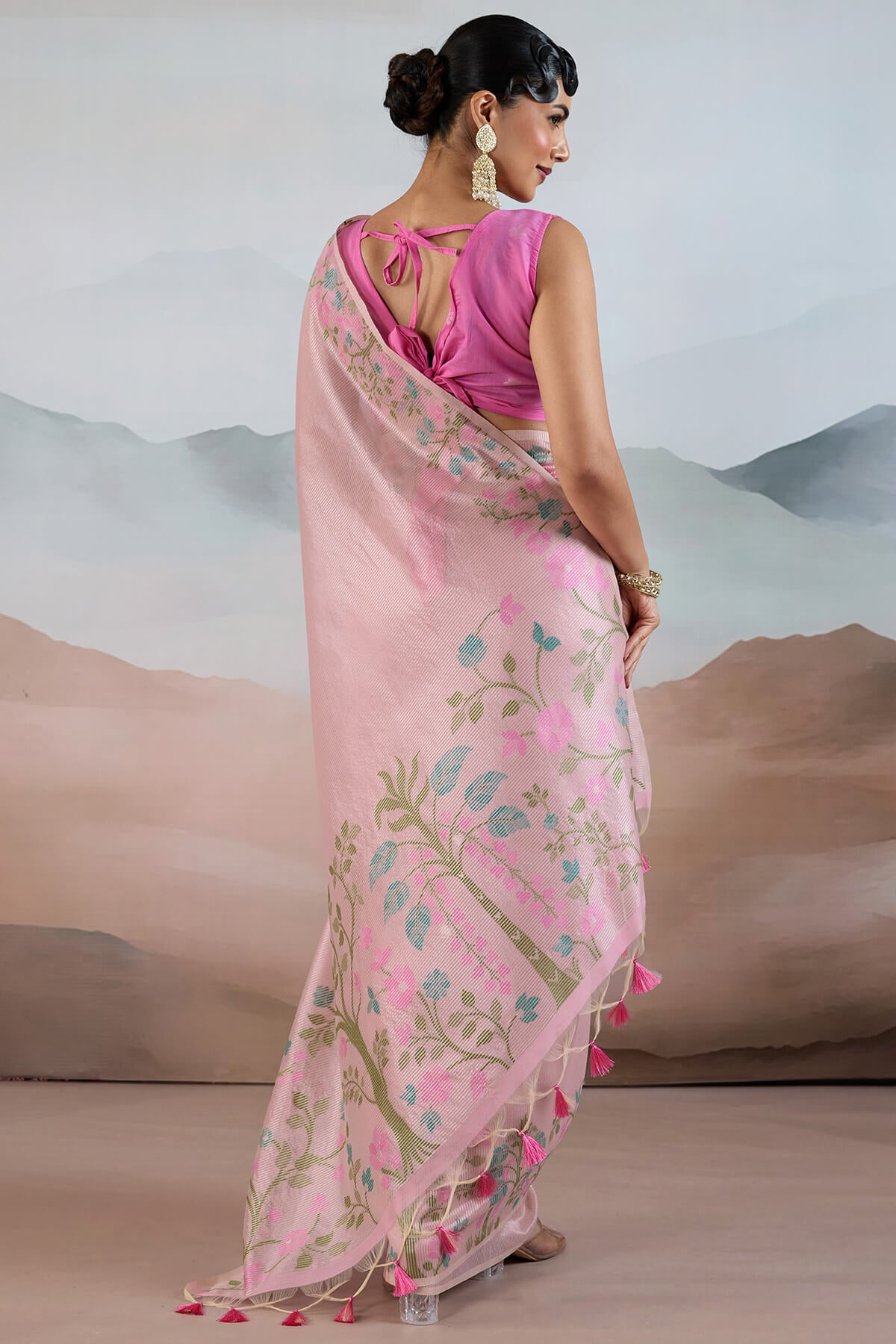 Groovy Baby Pink Soft Banarasi Tissue Silk Saree With Lustrous Blouse Piece