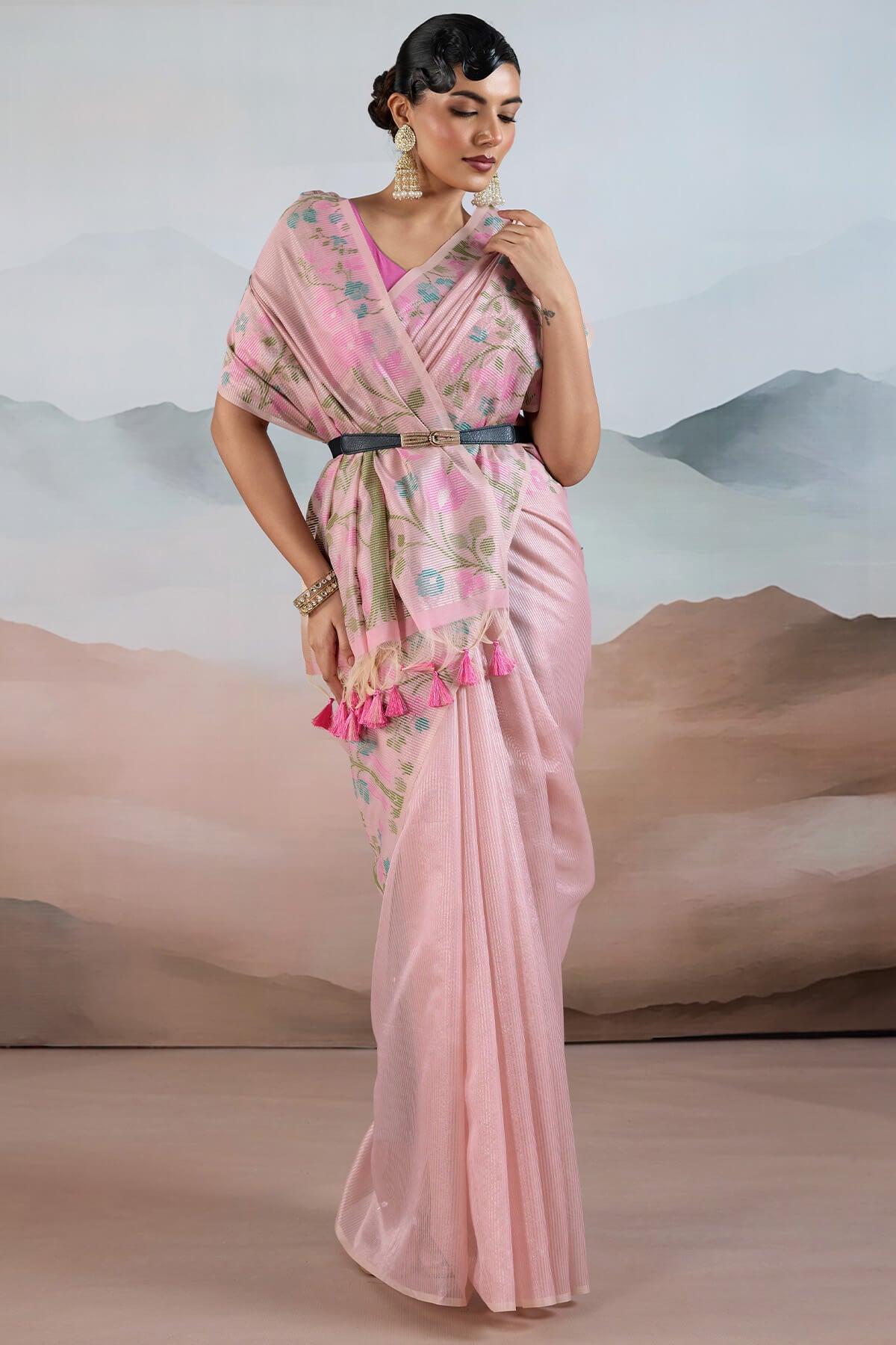 Groovy Baby Pink Soft Banarasi Tissue Silk Saree With Lustrous Blouse Piece