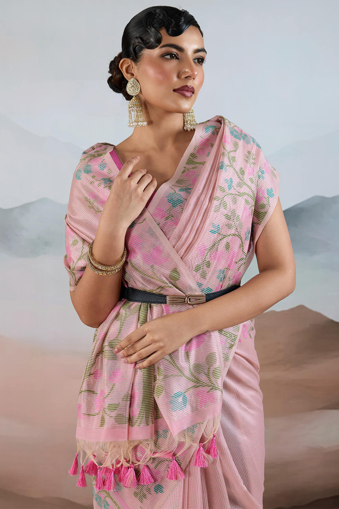Groovy Baby Pink Soft Banarasi Tissue Silk Saree With Lustrous Blouse Piece