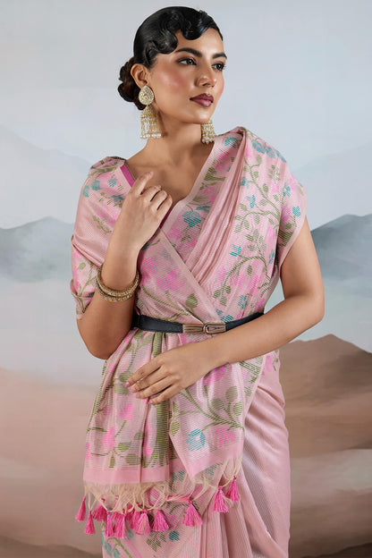 Groovy Baby Pink Soft Banarasi Tissue Silk Saree With Lustrous Blouse Piece
