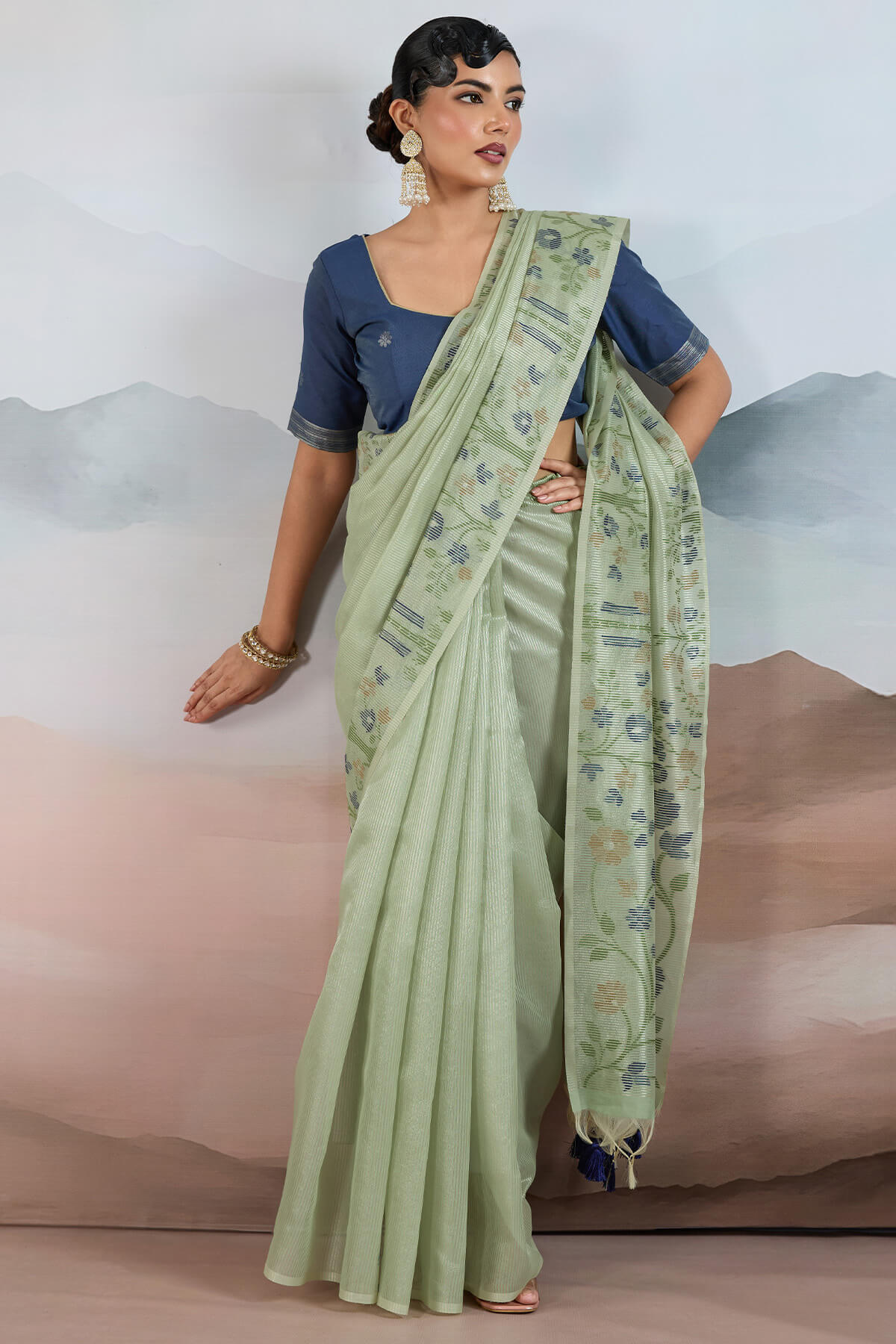 Designer Pista Soft Banarasi Tissue Silk Saree With Exquisite Blouse Piece