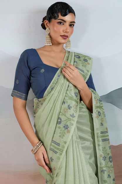 Designer Pista Soft Banarasi Tissue Silk Saree With Exquisite Blouse Piece