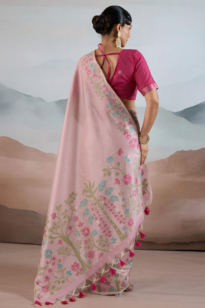 Excellent Pink Soft Banarasi Tissue Silk Saree With Dissemble Blouse Piece