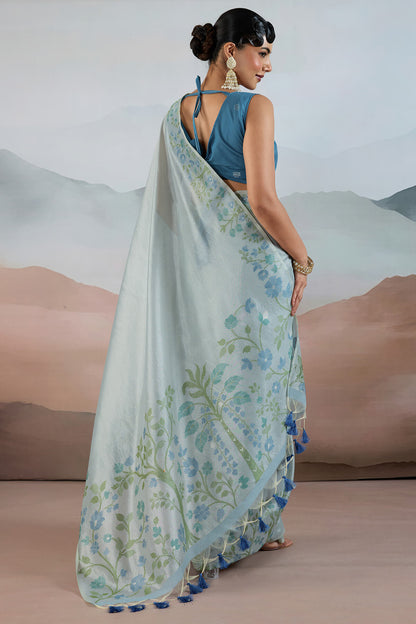 Adorable Sky Soft Banarasi Tissue Silk Saree With Amiable Blouse Piece