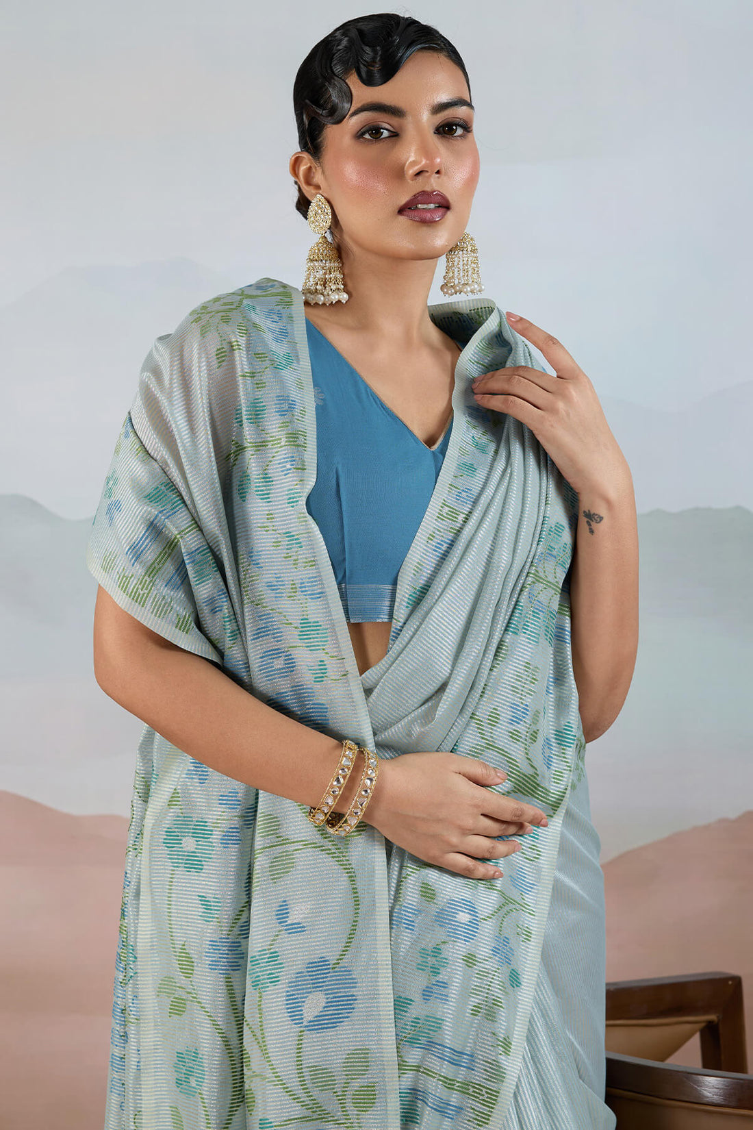 Adorable Sky Soft Banarasi Tissue Silk Saree With Amiable Blouse Piece