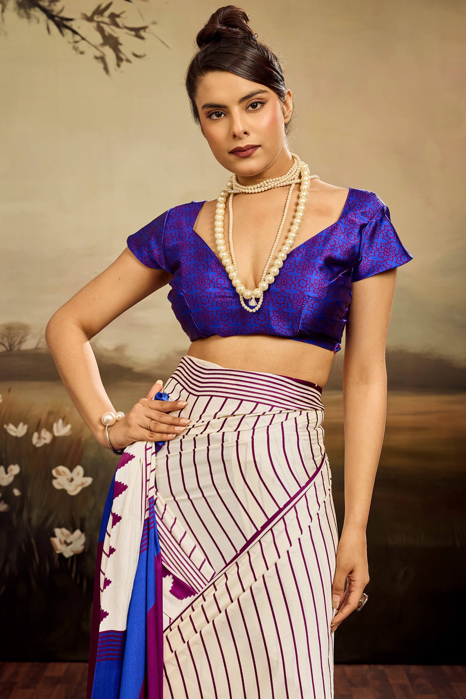 Amiable Beige Ajrakh Printed Semi Modal Silk Saree With Impressive Blouse Piece