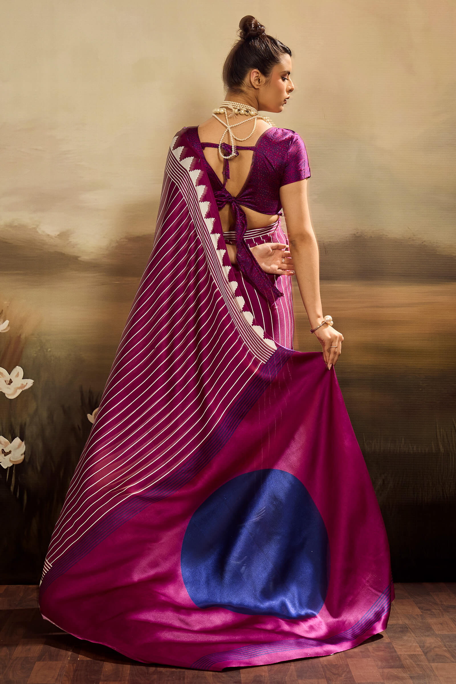 Conflate Purple Ajrakh Printed Semi Modal Silk Saree With Tantalizing Blouse Piece