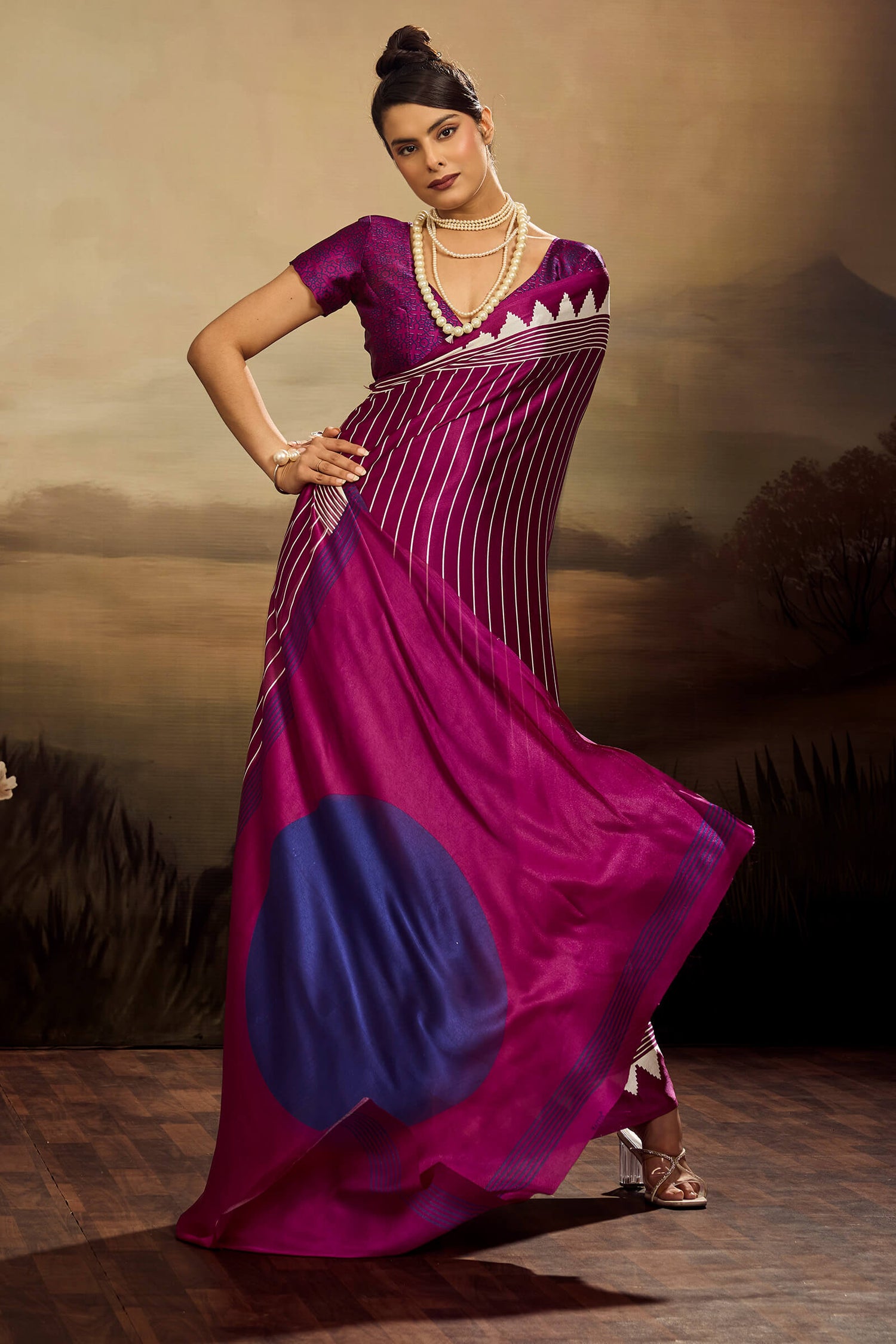 Conflate Purple Ajrakh Printed Semi Modal Silk Saree With Tantalizing Blouse Piece