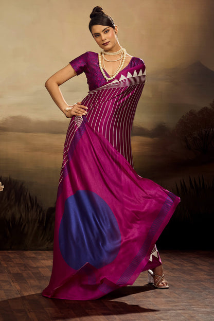 Conflate Purple Ajrakh Printed Semi Modal Silk Saree With Tantalizing Blouse Piece