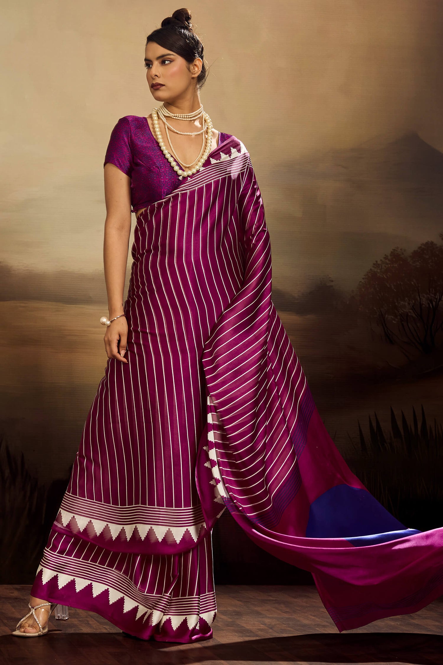 Conflate Purple Ajrakh Printed Semi Modal Silk Saree With Tantalizing Blouse Piece