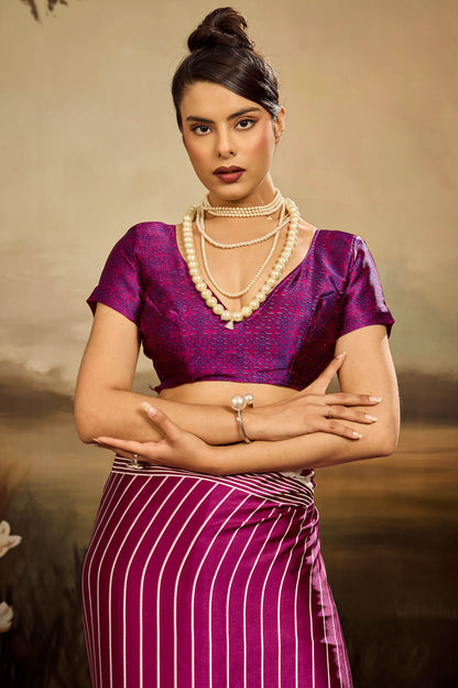 Conflate Purple Ajrakh Printed Semi Modal Silk Saree With Tantalizing Blouse Piece