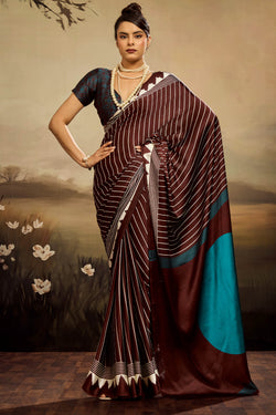 Eloquence Brown Ajrakh Printed Semi Modal Silk Saree With Mesmerising Blouse Piece