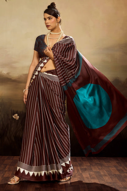 Eloquence Brown Ajrakh Printed Semi Modal Silk Saree With Mesmerising Blouse Piece