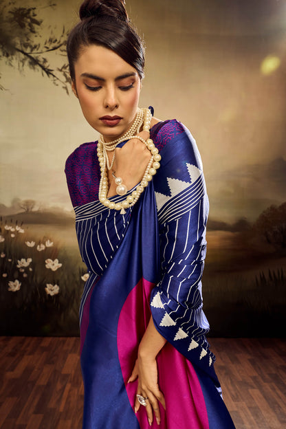 Allure Navy Blue Ajrakh Printed Semi Modal Silk Saree With Intricate Blouse Piece