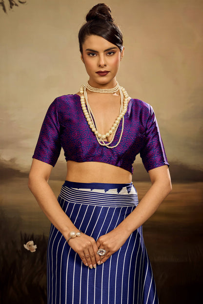 Allure Navy Blue Ajrakh Printed Semi Modal Silk Saree With Intricate Blouse Piece