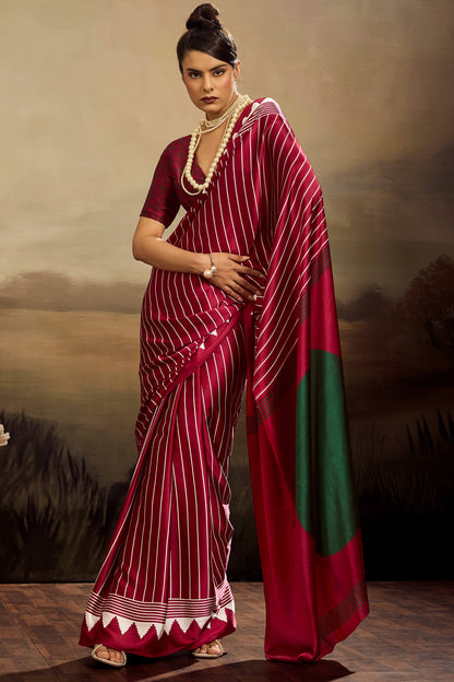 Brood Maroon Ajrakh Printed Semi Modal Silk Saree With Tremendous Blouse Piece