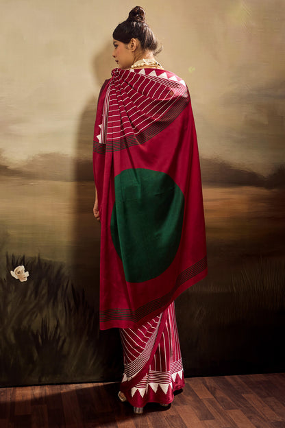 Brood Maroon Ajrakh Printed Semi Modal Silk Saree With Tremendous Blouse Piece