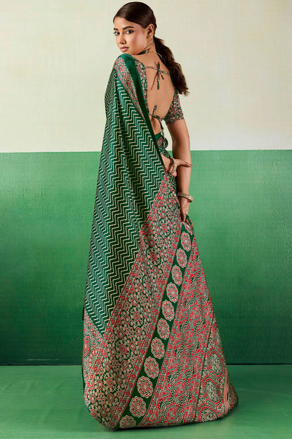 Ailurophile Dark Green Ajrakh Printed Semi Modal Silk Saree With Gorgeous Blouse Piece