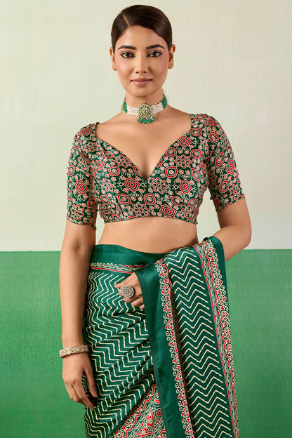 Ailurophile Dark Green Ajrakh Printed Semi Modal Silk Saree With Gorgeous Blouse Piece