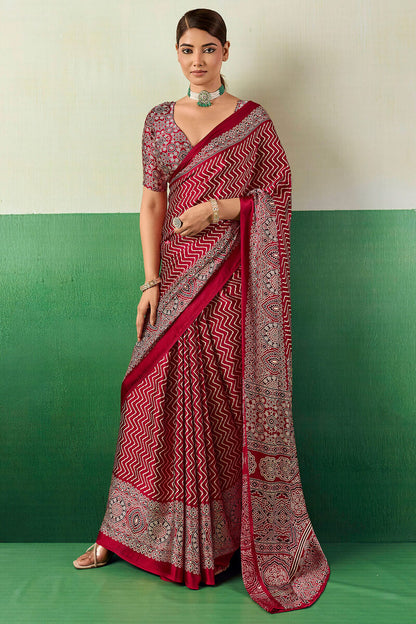 Assemblage Maroon Ajrakh Printed Semi Modal Silk Saree With Rhapsodic Blouse Piece