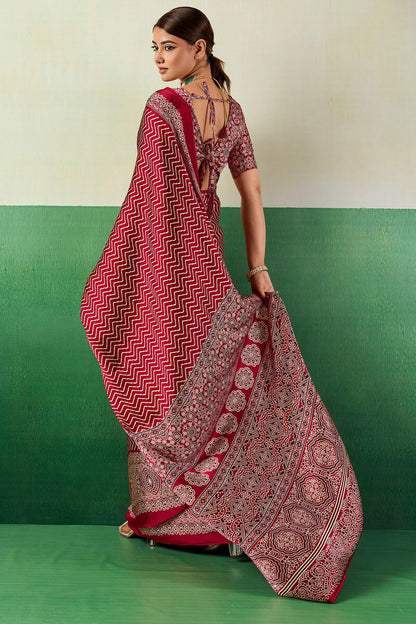 Assemblage Maroon Ajrakh Printed Semi Modal Silk Saree With Rhapsodic Blouse Piece