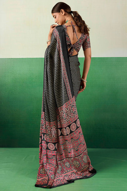 Transcendent Black Ajrakh Printed Semi Modal Silk Saree With Evocative Blouse Piece