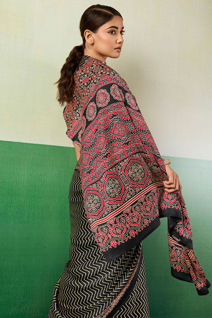 Transcendent Black Ajrakh Printed Semi Modal Silk Saree With Evocative Blouse Piece