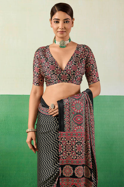 Transcendent Black Ajrakh Printed Semi Modal Silk Saree With Evocative Blouse Piece