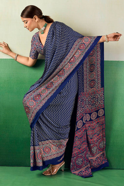 Surreptitious Navy Blue Ajrakh Printed Semi Modal Silk Saree With Extraordinary Blouse Piece