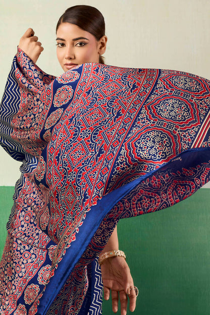 Surreptitious Navy Blue Ajrakh Printed Semi Modal Silk Saree With Extraordinary Blouse Piece