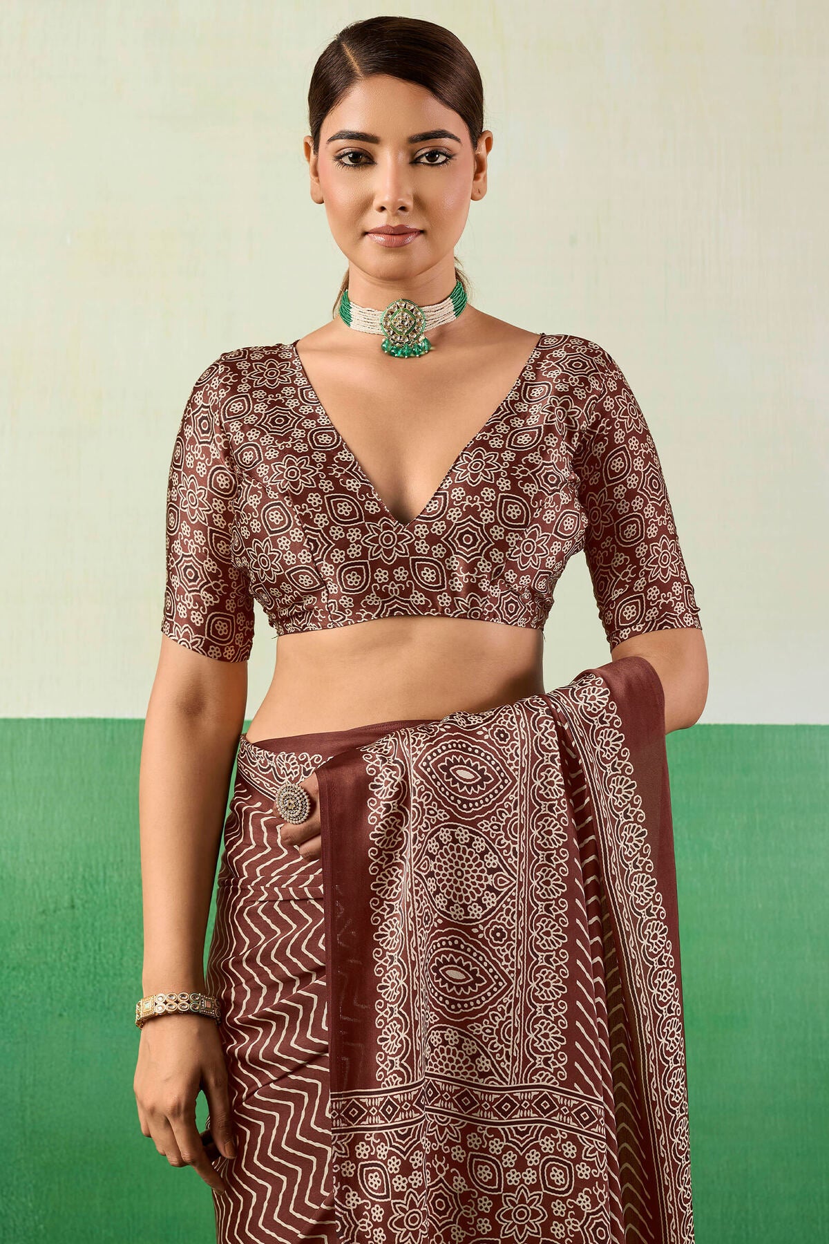 Ornate Brown Ajrakh Printed Semi Modal Silk Saree With Imaginative Blouse Piece