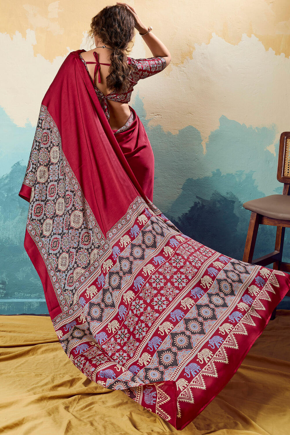 Scrumptious Maroon Ajrakh Printed Semi Modal Silk Saree With Splendiferous Blouse Piece