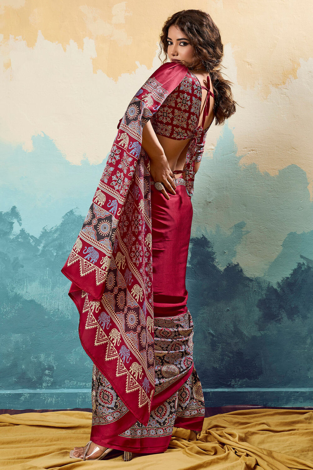 Scrumptious Maroon Ajrakh Printed Semi Modal Silk Saree With Splendiferous Blouse Piece