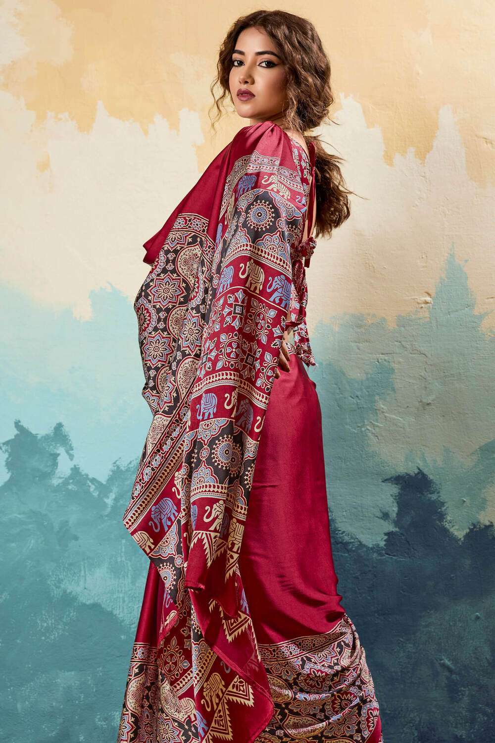 Scrumptious Maroon Ajrakh Printed Semi Modal Silk Saree With Splendiferous Blouse Piece