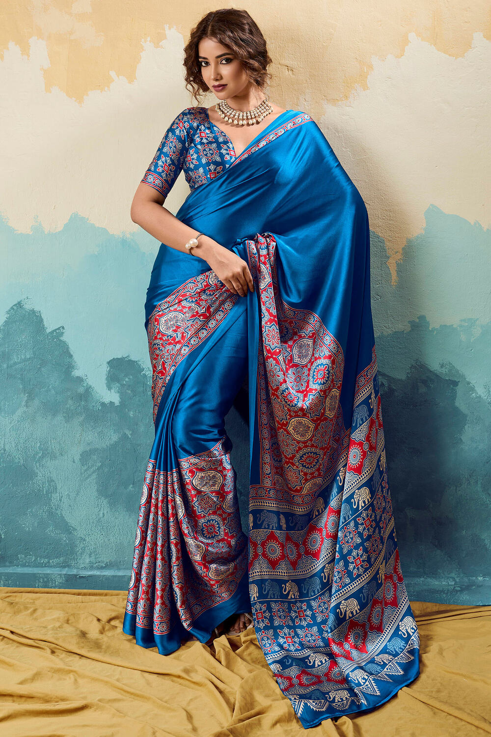 Panache Blue Ajrakh Printed Semi Modal Silk Saree With Precious Blouse Piece
