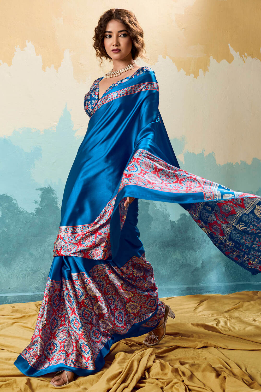 Panache Blue Ajrakh Printed Semi Modal Silk Saree With Precious Blouse Piece