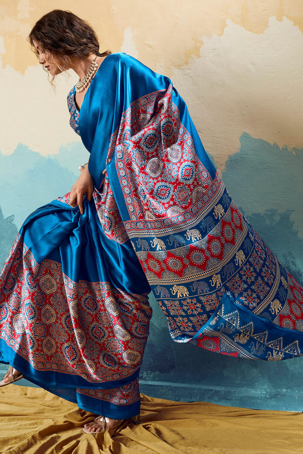Panache Blue Ajrakh Printed Semi Modal Silk Saree With Precious Blouse Piece