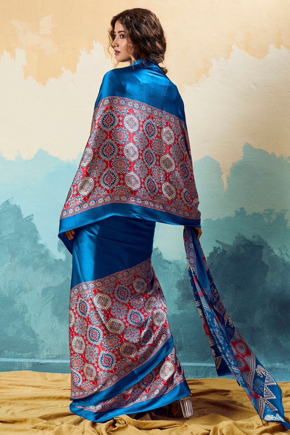 Panache Blue Ajrakh Printed Semi Modal Silk Saree With Precious Blouse Piece