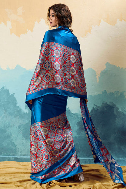 Panache Blue Ajrakh Printed Semi Modal Silk Saree With Precious Blouse Piece