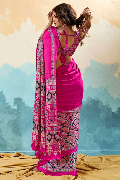 Stunner Dark Pink Ajrakh Printed Semi Modal Silk Saree With Beleaguer Blouse Piece