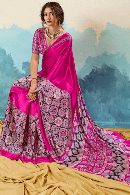 Stunner Dark Pink Ajrakh Printed Semi Modal Silk Saree With Beleaguer Blouse Piece