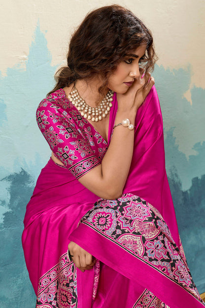 Stunner Dark Pink Ajrakh Printed Semi Modal Silk Saree With Beleaguer Blouse Piece