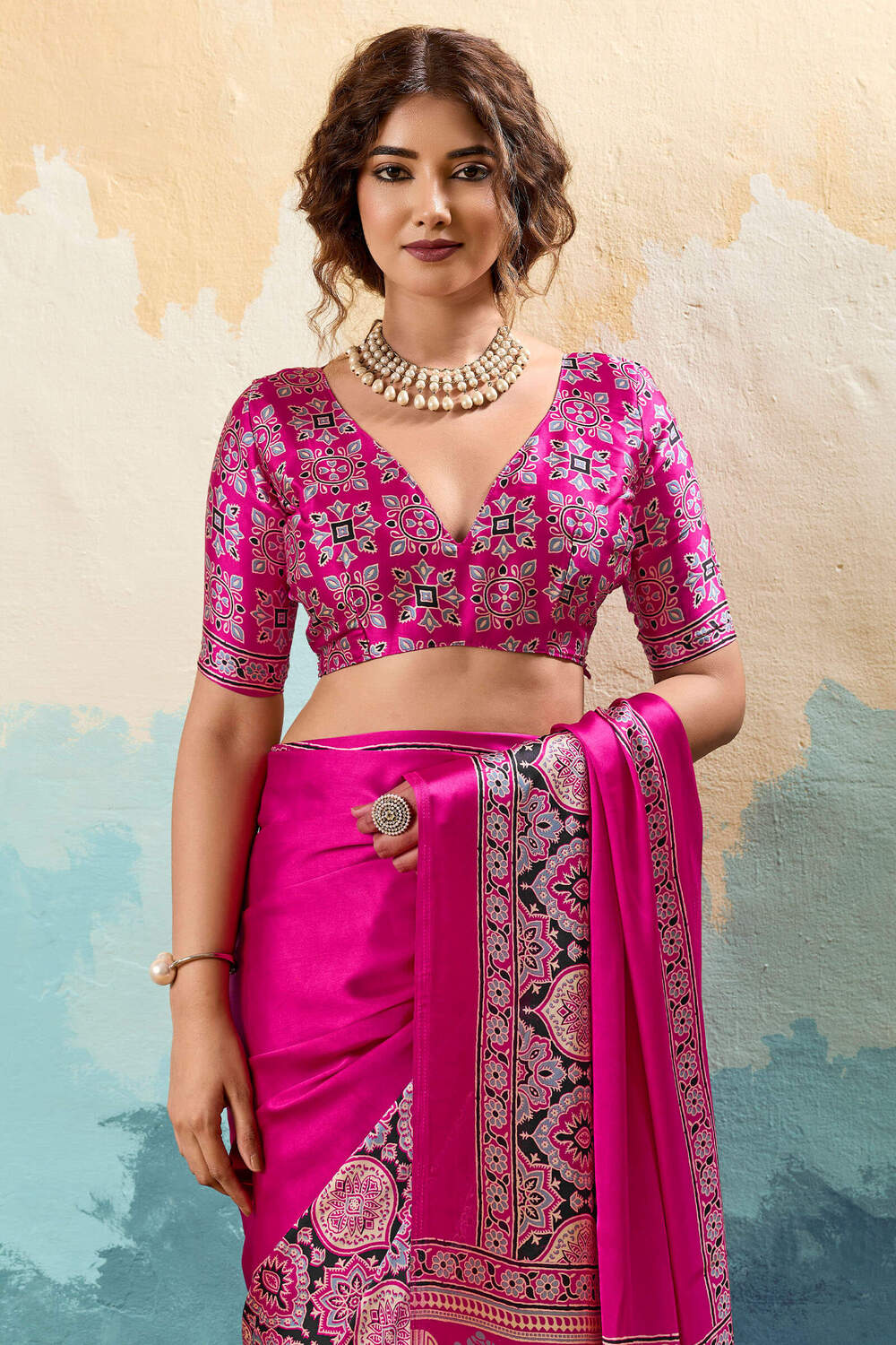 Stunner Dark Pink Ajrakh Printed Semi Modal Silk Saree With Beleaguer Blouse Piece