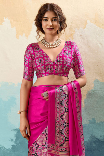 Stunner Dark Pink Ajrakh Printed Semi Modal Silk Saree With Beleaguer Blouse Piece