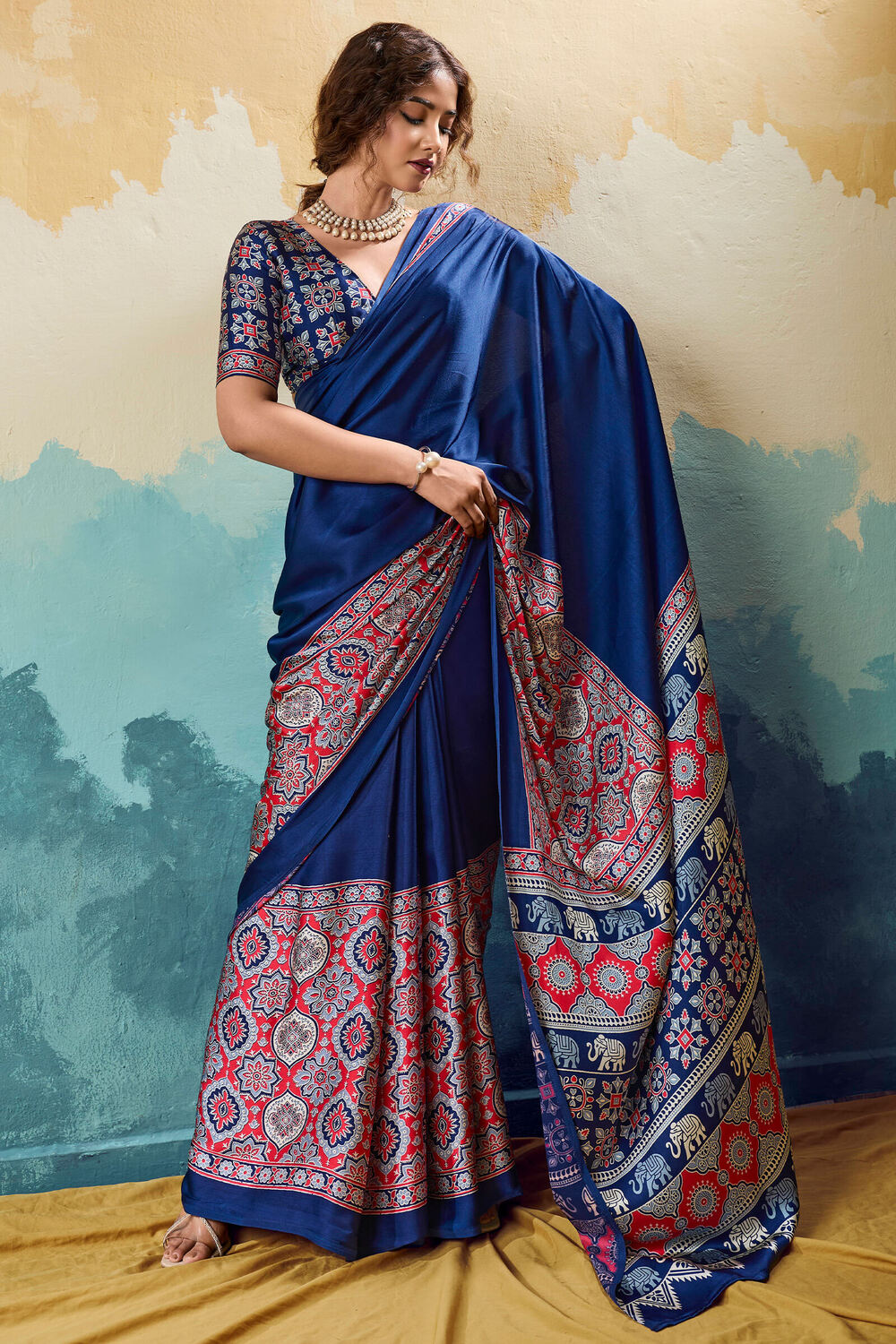 Energetic Navy Blue Ajrakh Printed Semi Modal Silk Saree With Scrupulous Blouse Piece